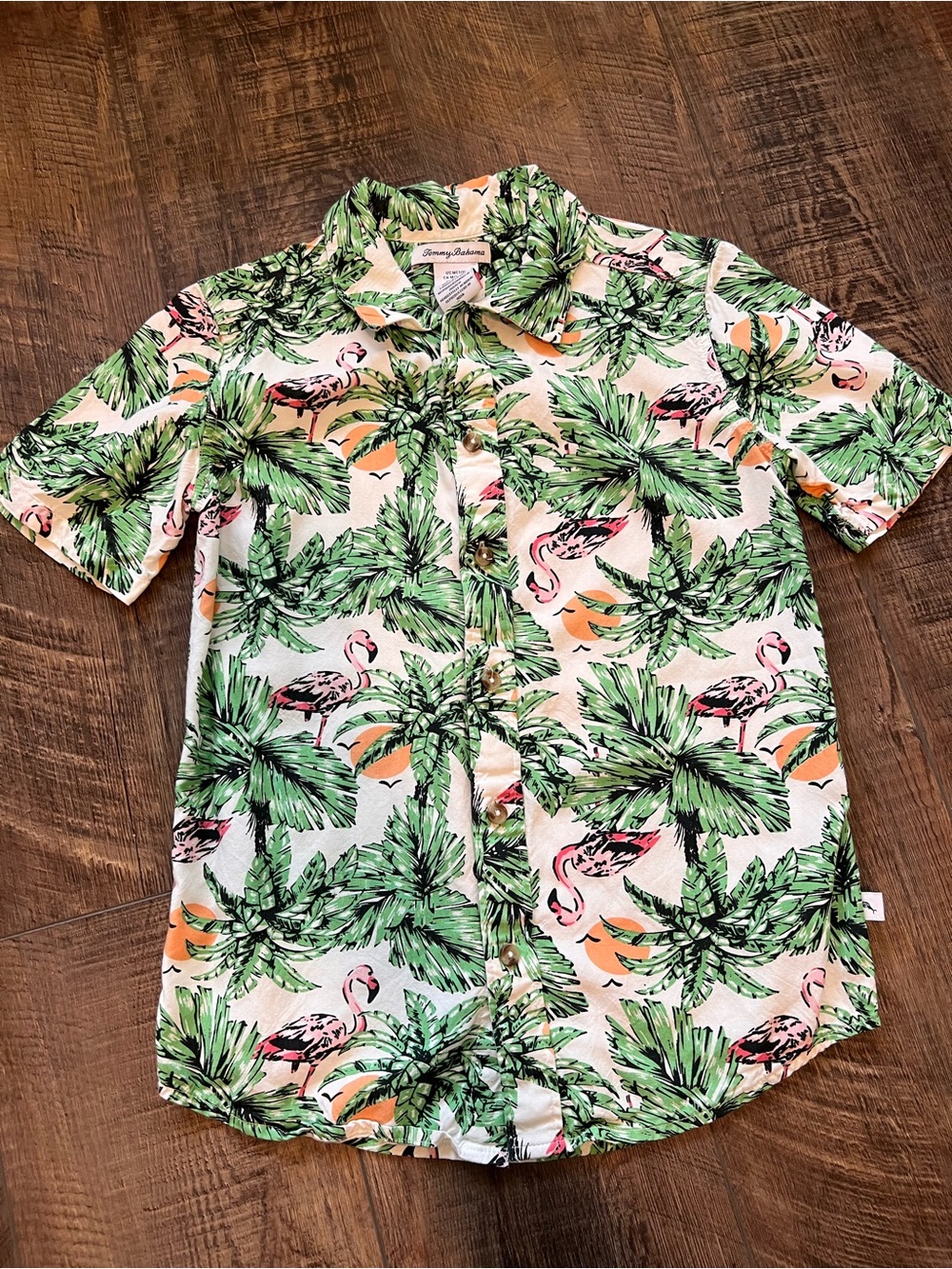 Boys Tommy Bahama White Short Sleeve Shirt with Green Palm & Pink Flamingo Print